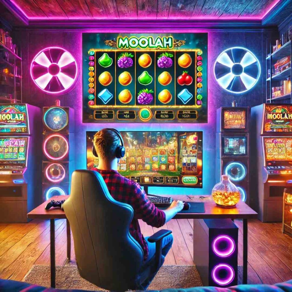 An engaging and high-quality image showcasing a modern gaming environment with a player immersed in the Moolah game. The scene reflects the evolution of online gaming, with vibrant visuals and a captivating setup that highlights the excitement of winning in a dynamic gaming experience.