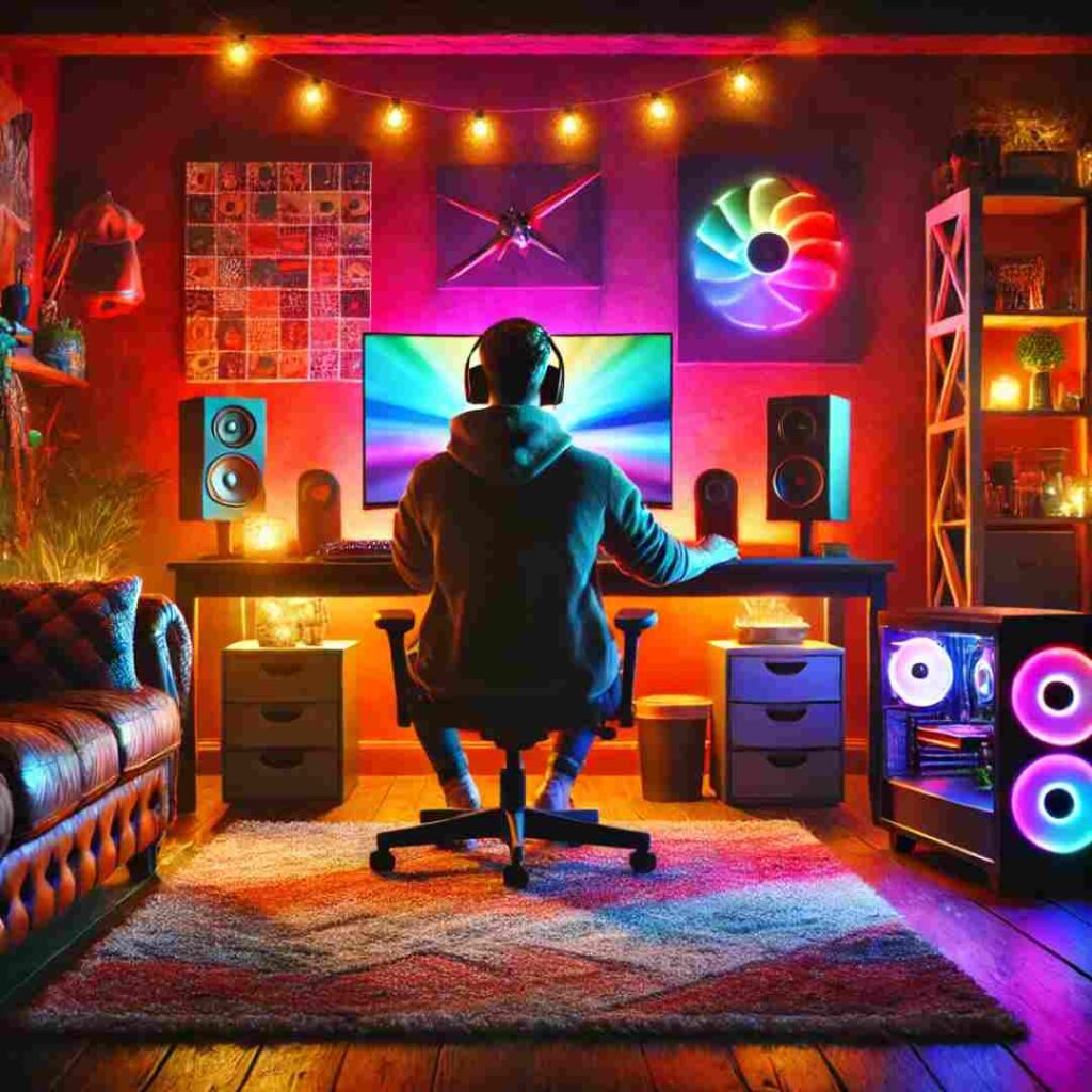 A cozy and vibrant gaming setup featuring a person sitting in a comfortable chair, playing on a large screen with LED lights in the background, creating an immersive gaming experience.
