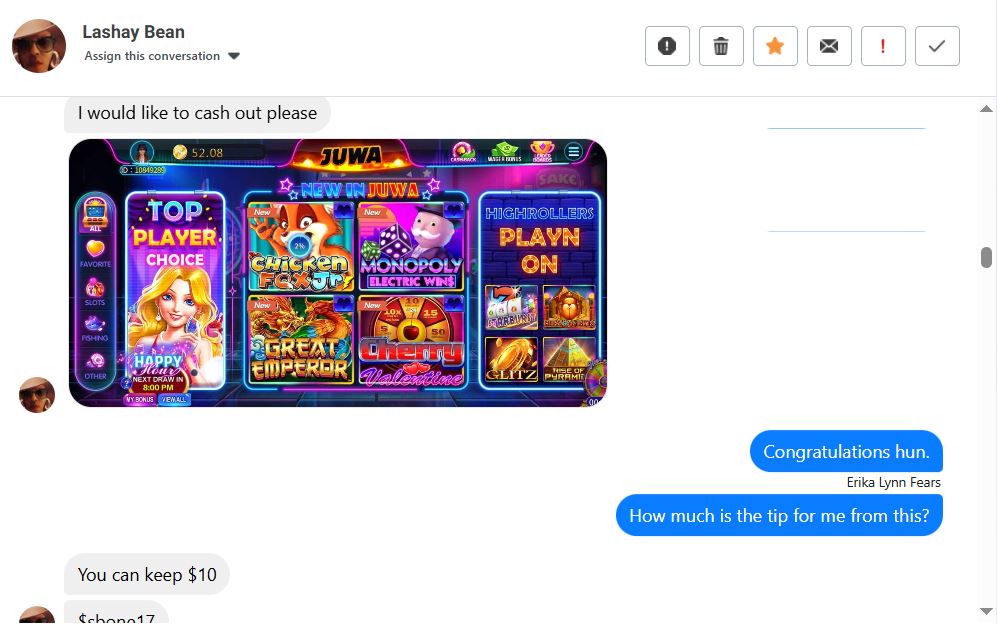 User requests to cash out from an online gambling game chat.
