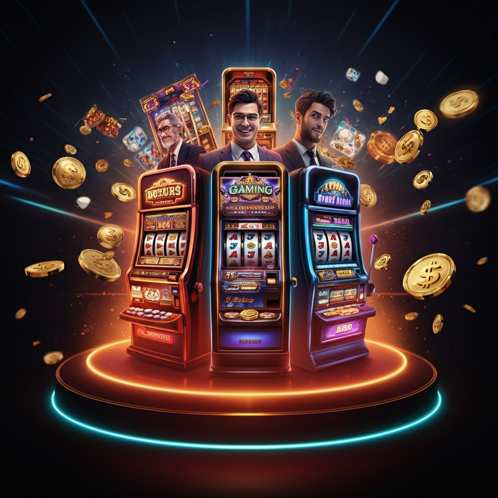 Three colorful slot machines with players, surrounded by gold coins and bright lights.