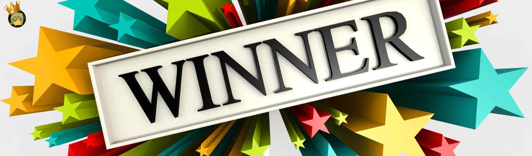The word 'WINNER' on a banner surrounded by colorful stars in various sizes.